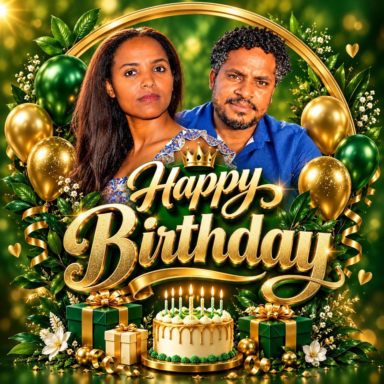 Green and gold birthday design with balloons