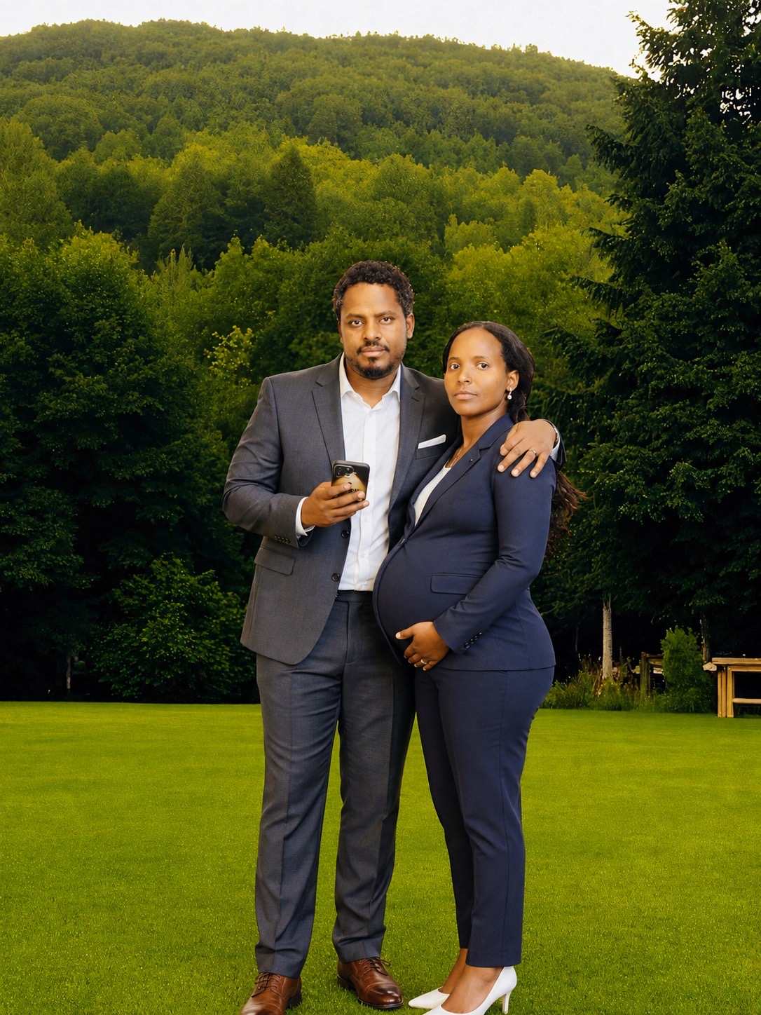 Couple portrait in front of green hills